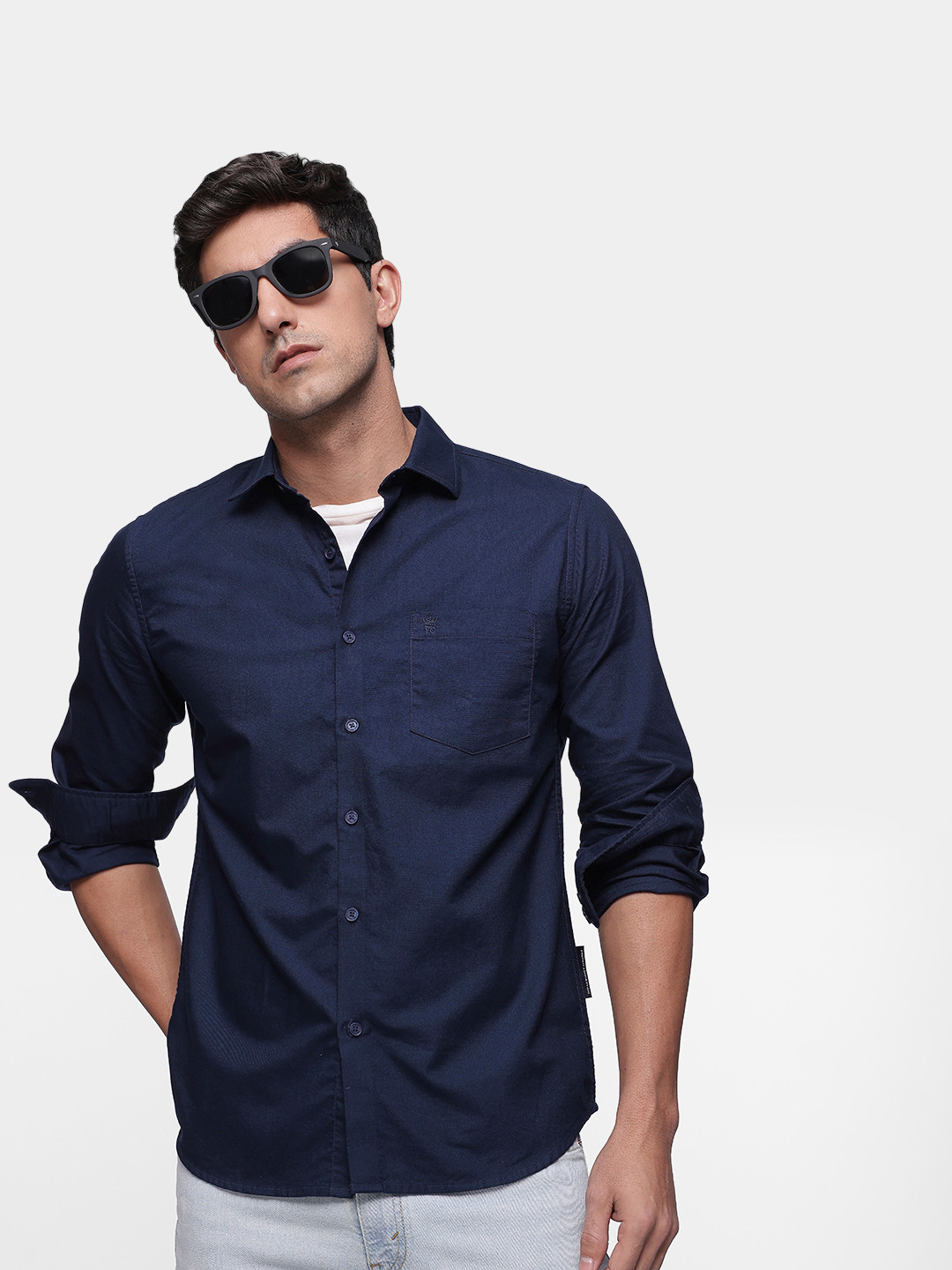 

French Connection Premium Solid Pure Cotton Slim Fit Casual Shirt, Navy blue