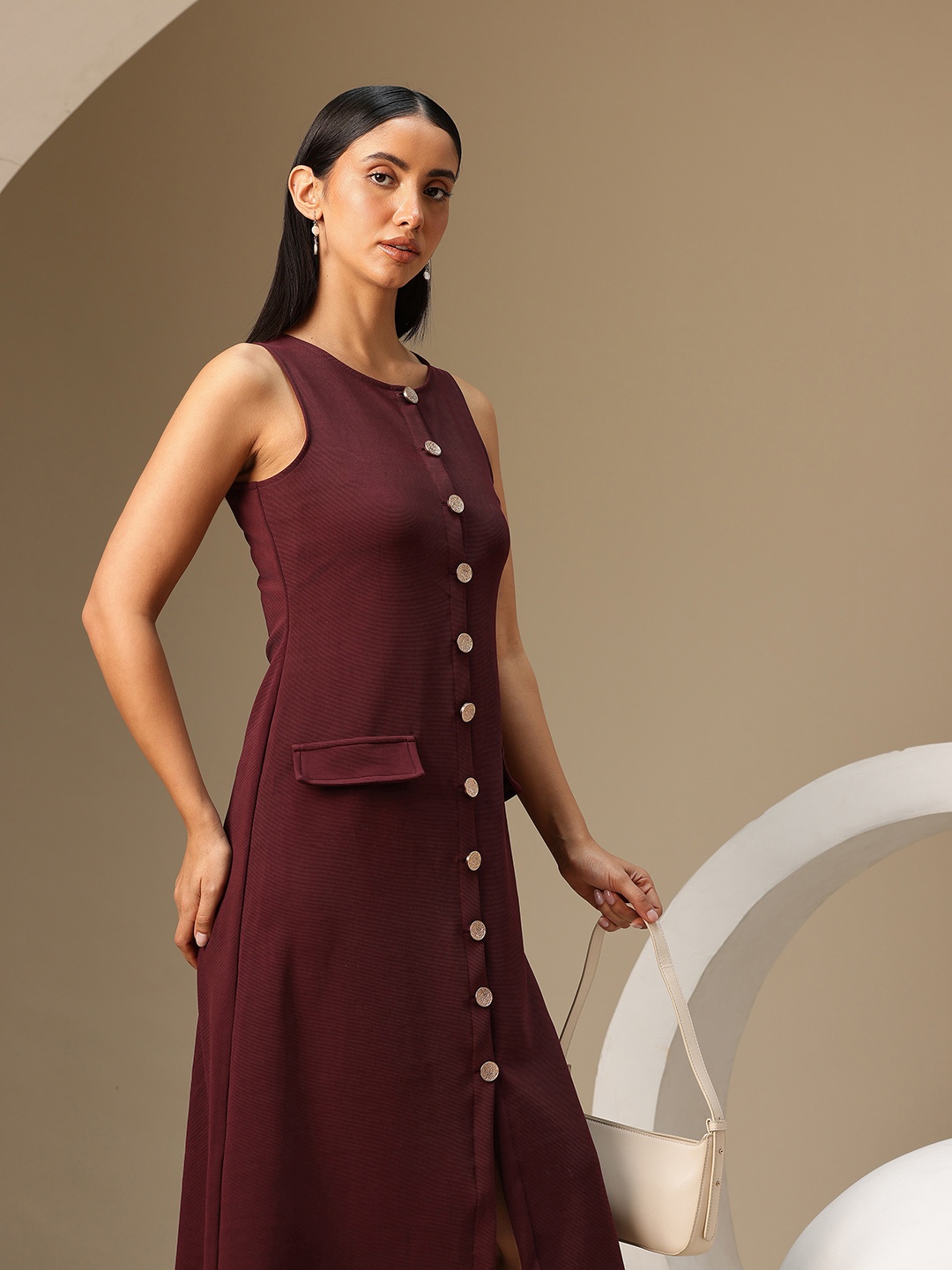 

Chemistry Shirt Style Midi Dress with Faux Pockets, Maroon