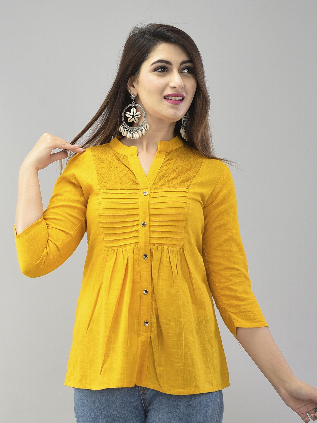 

VYMO Embellished Mandarin Collar Top, Mustard