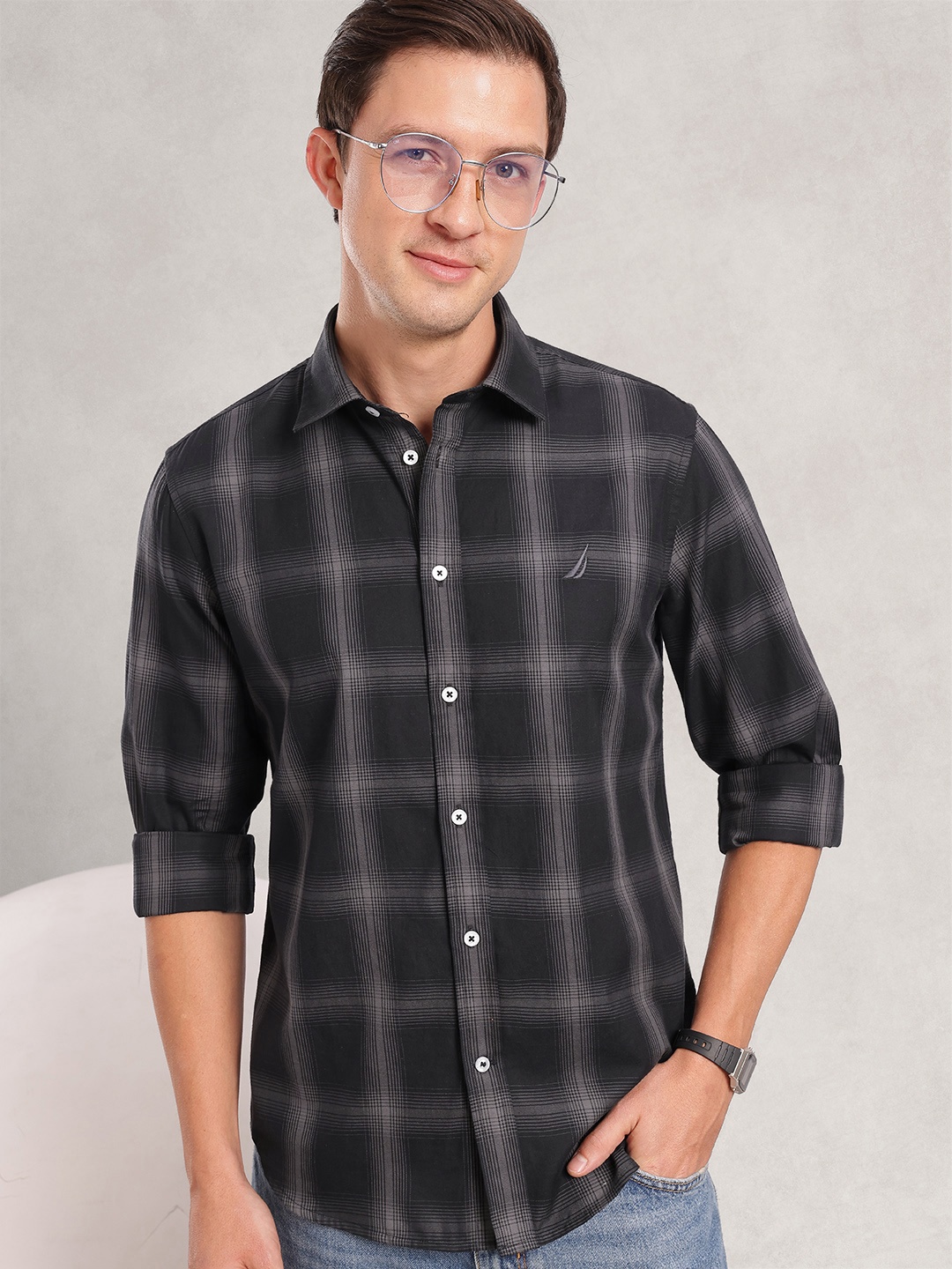 

Nautica Men Premium Slim Fit Checked Pure Cotton Casual Shirt, Black