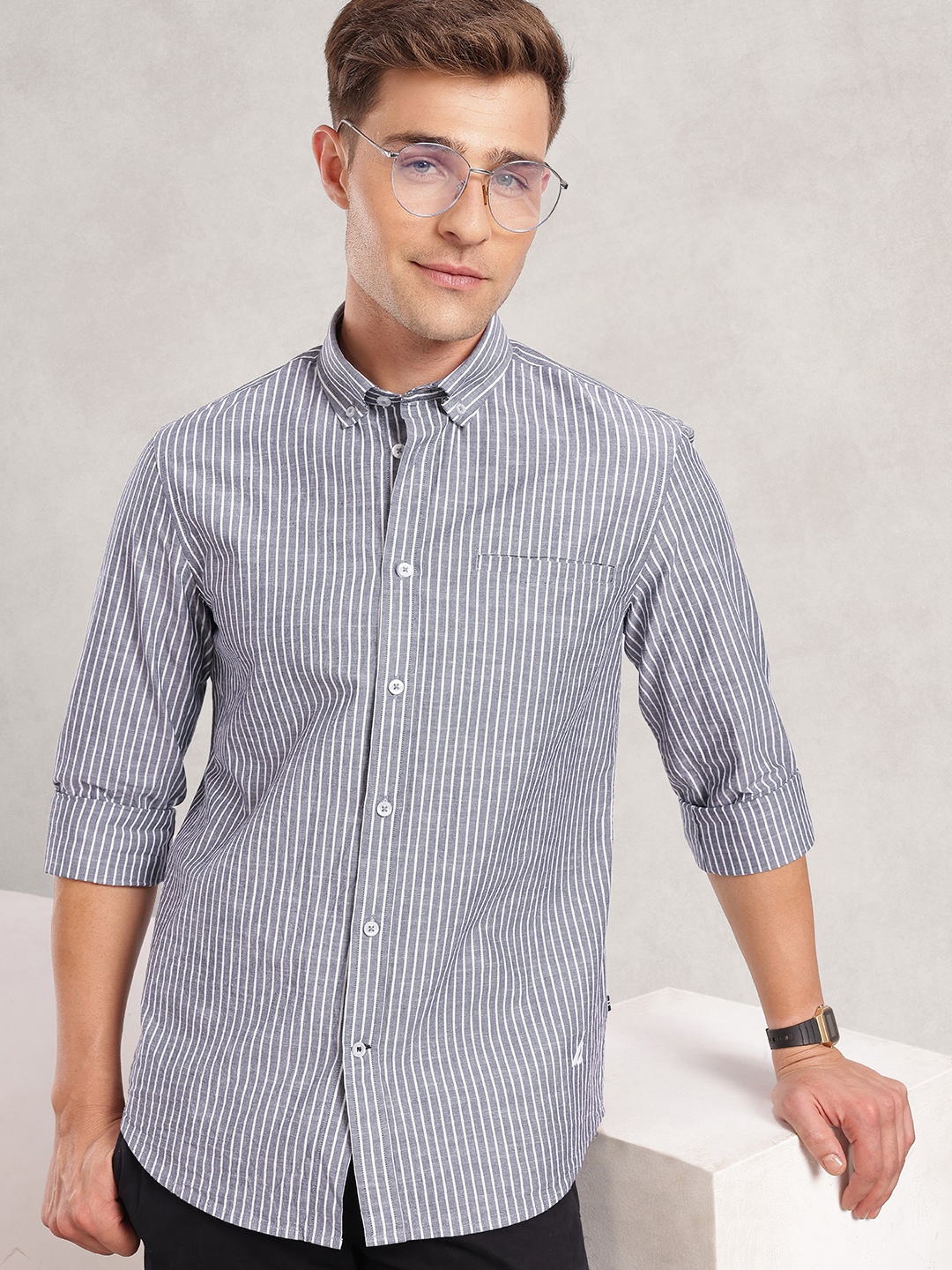 

Nautica Premium Slim Fit Pinstripes Striped Pure Cotton Casual Shirt, Grey