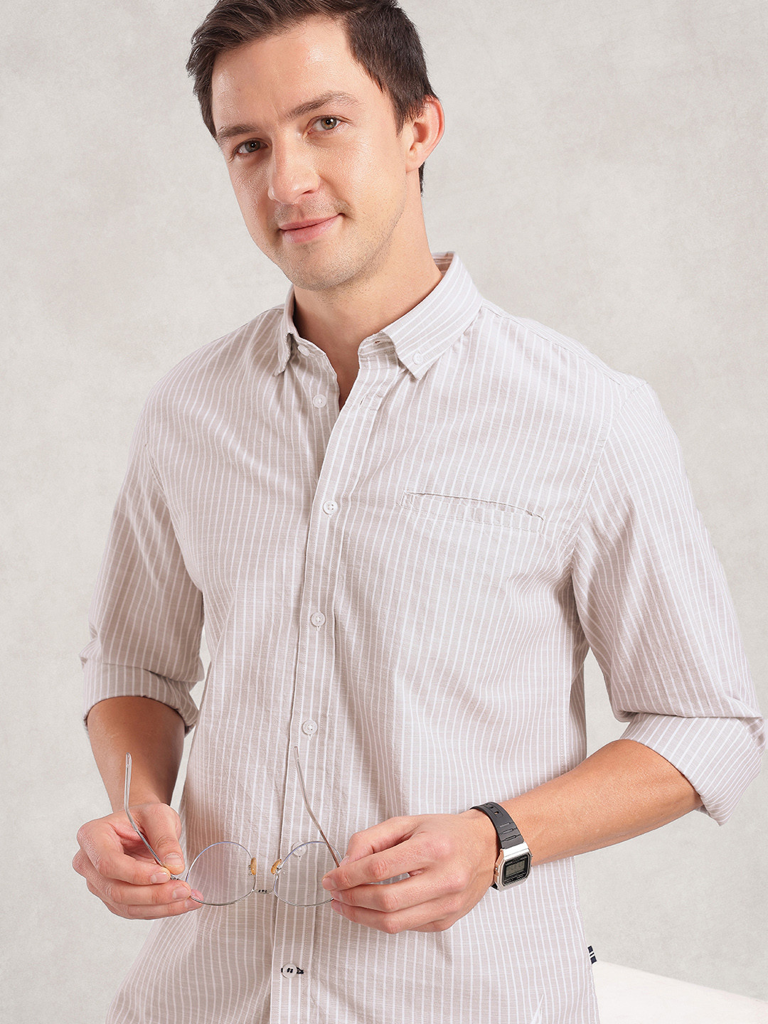 

Nautica Men Premium Slim Fit Striped Pure Cotton Casual Shirt, Taupe