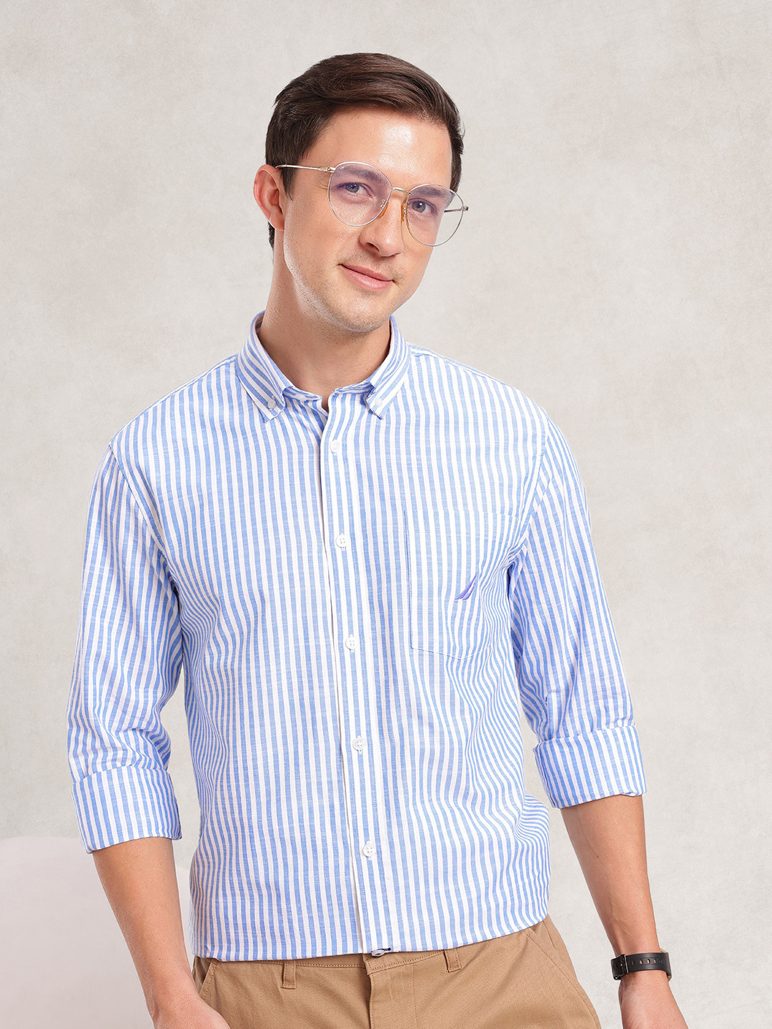 

Nautica Men Premium Slim Fit Striped Pure Cotton Casual Shirt, White