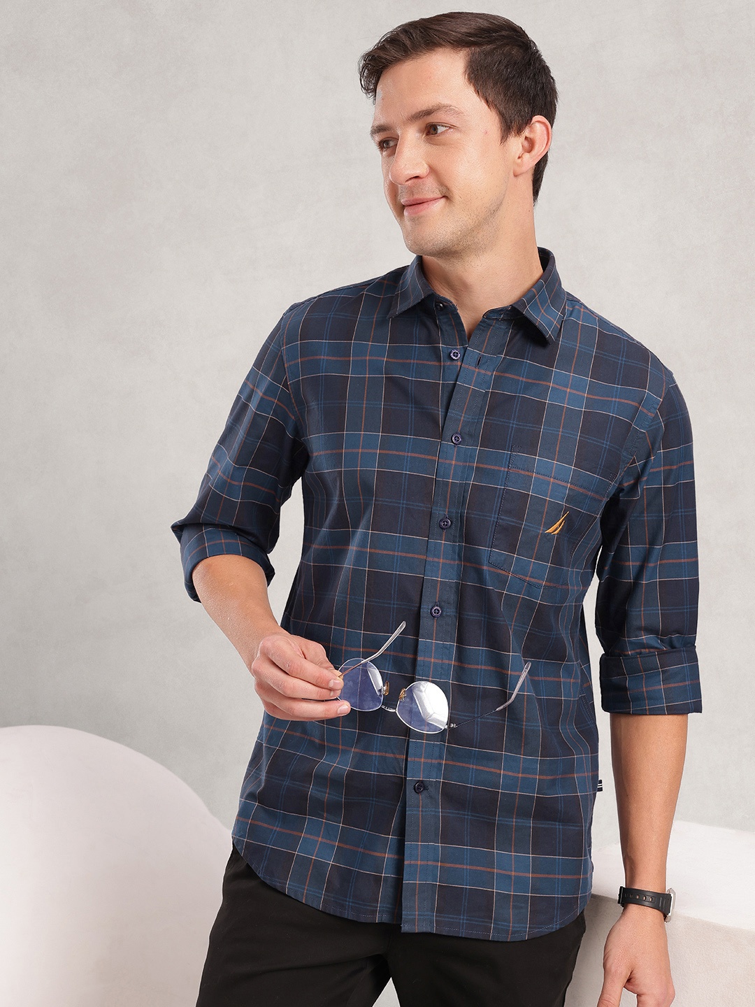 

Nautica Premium Slim Fit Checked Pure Cotton Casual Shirt, Navy blue