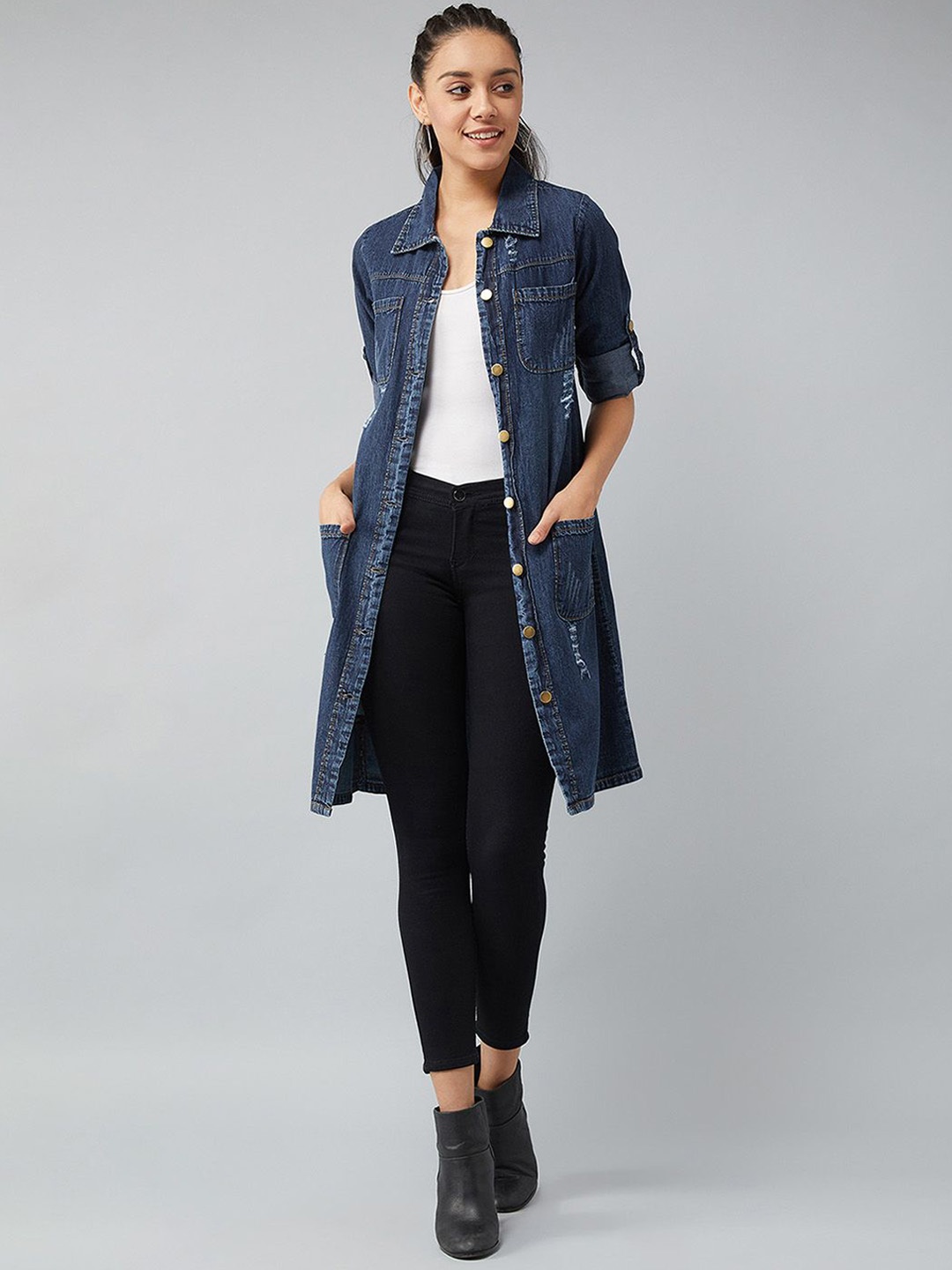 

DOLCE CRUDO Women Washed Longline Denim Jacket, Navy blue