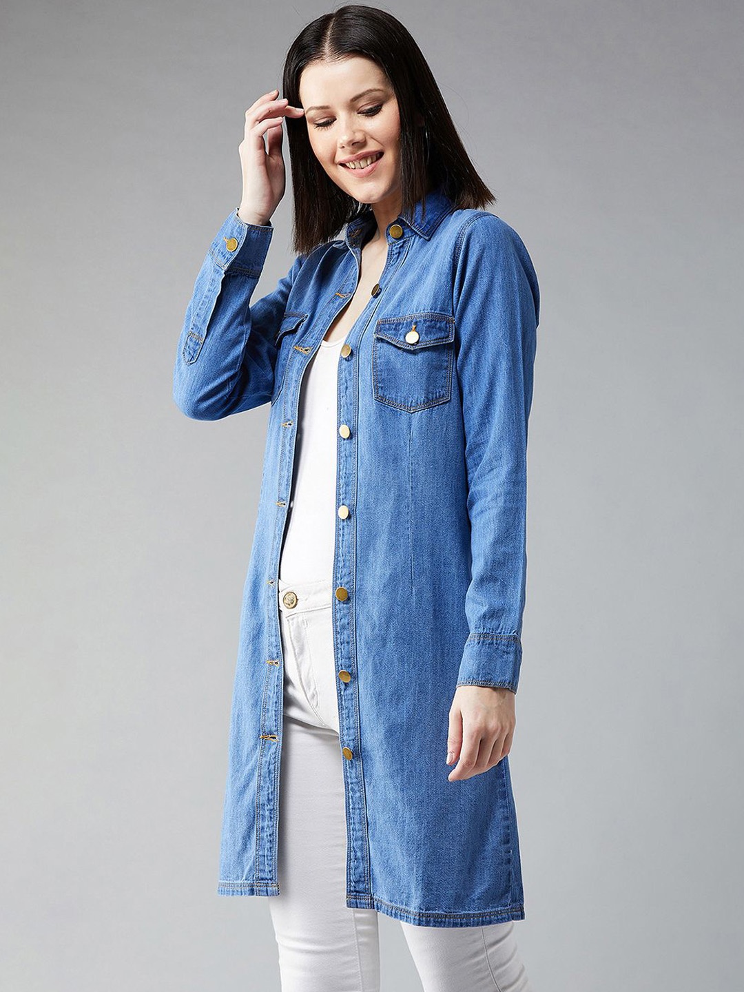 

DOLCE CRUDO Women Washed Striped Longline Denim Jacket with Patchwork, Blue