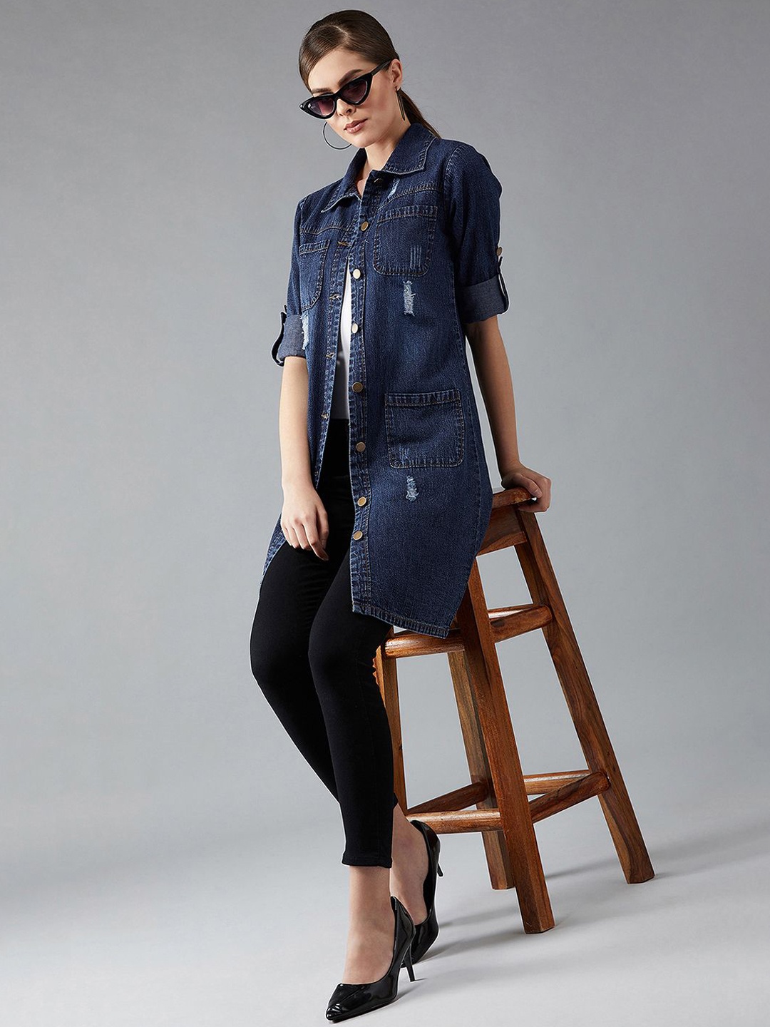 

DOLCE CRUDO Women Longline Denim Jacket with Patchwork, Navy blue