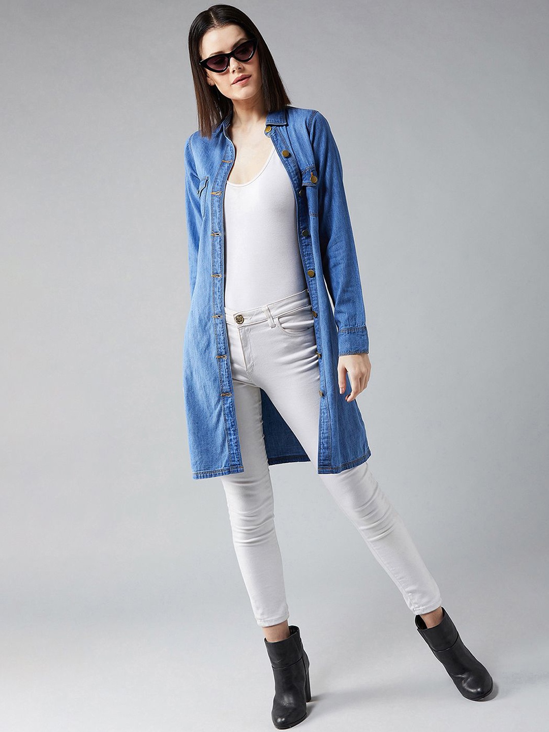 

DOLCE CRUDO Women Washed Longline Denim Jacket with Patchwork, Blue