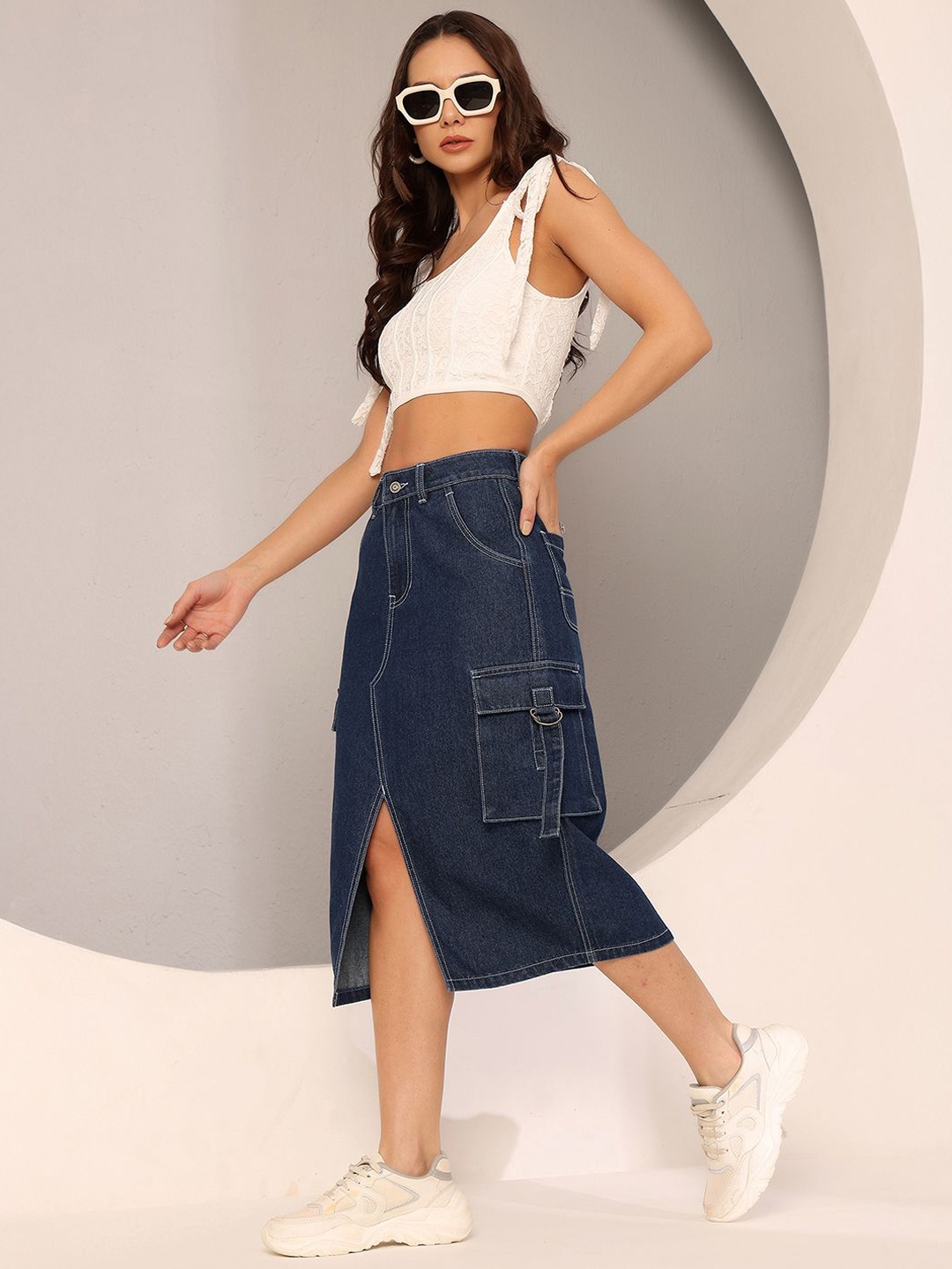 

DOLCE CRUDO Denim High-Rise Clean-Look Straight Cargo Midi Skirt, Navy blue