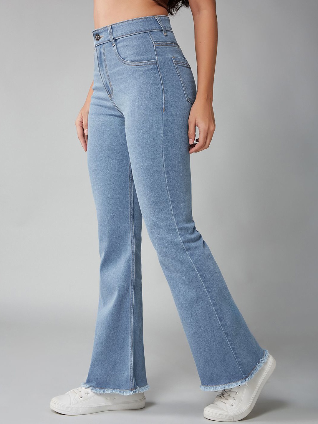 

DOLCE CRUDO Women Bootcut High-Rise Low Distress Stretchable Jeans, Blue
