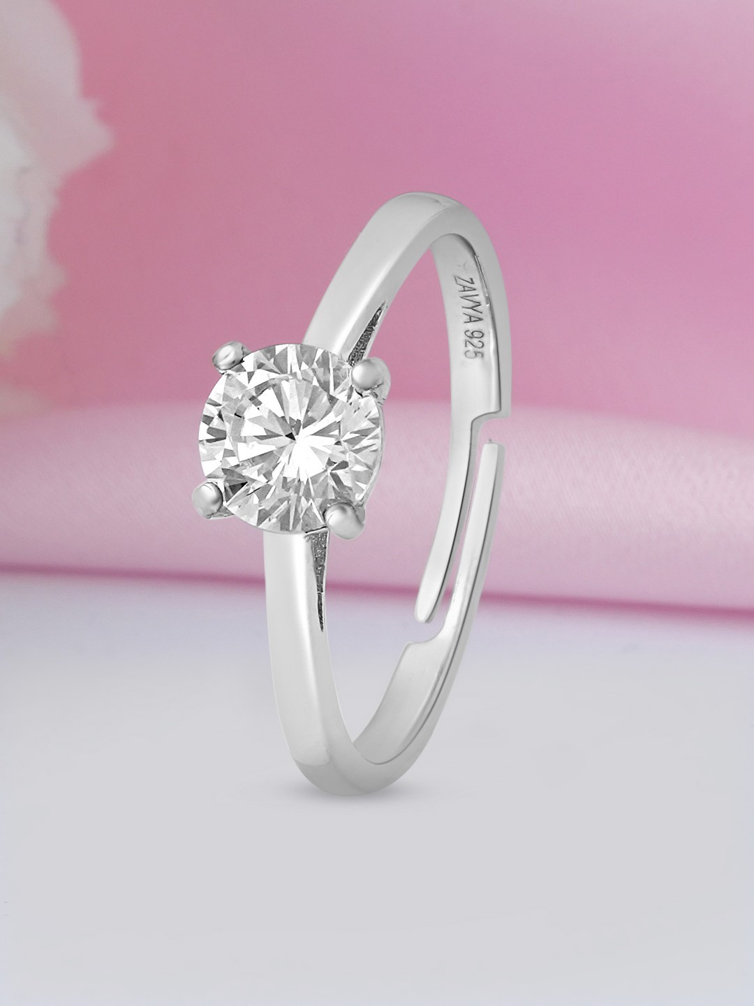 

Zavya 925 Sterling Silver Rhodium-Plated Cubic Zirconia-Studded Solitaire Sparkle Ring