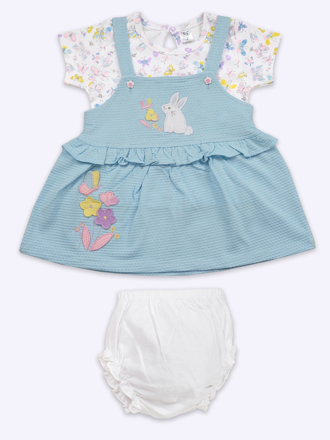 

Babys Day Infant Girls Printed Cotton Dungaree With Top & Brief, Blue