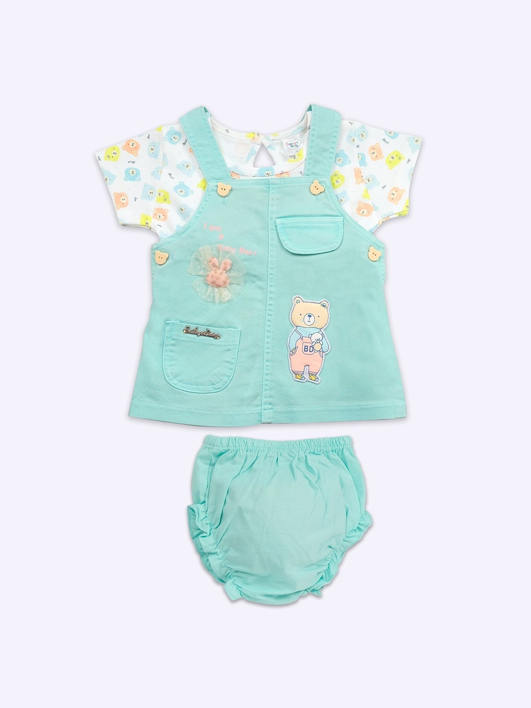 

Babys Day Infant Girls Teddy Bear Printed Pure Cotton Dungaree With Top & Brief, Turquoise blue