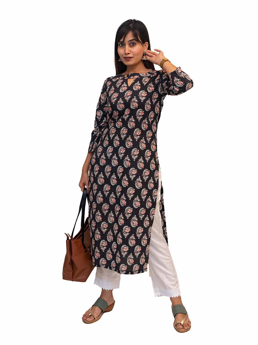 

Fabmoha Women Ethnic Motifs Printed Keyhole Neck Kurta, Black