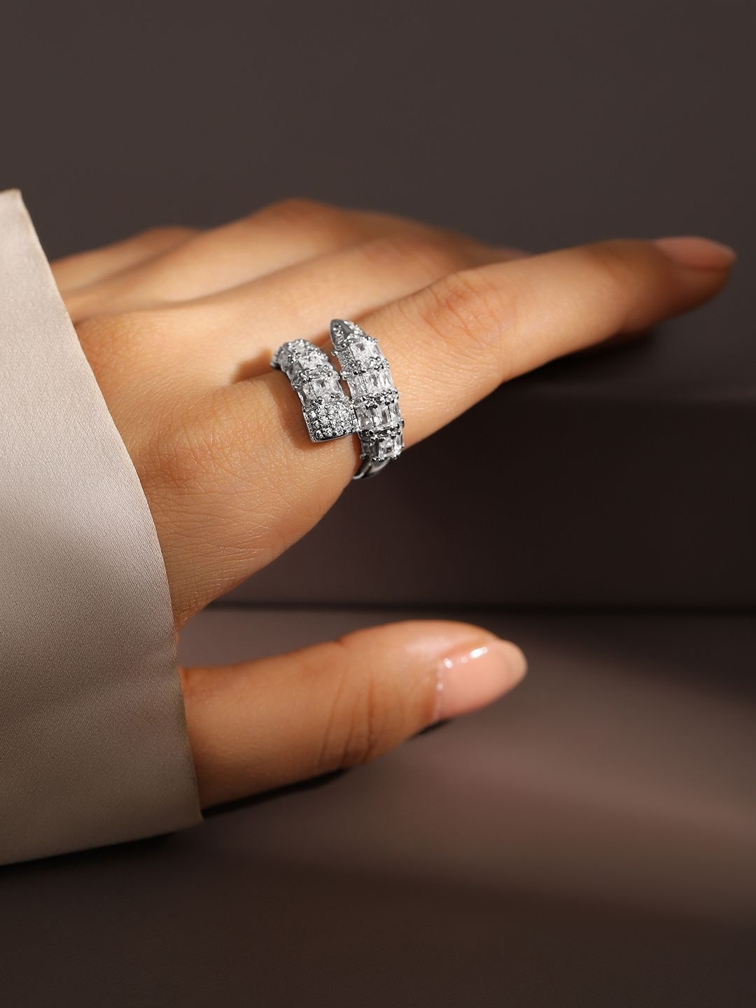 

Rubans Rhodium Plated Cubic Zirconia Studded Demi Fine Serpent Inspired Openable Ring, Silver