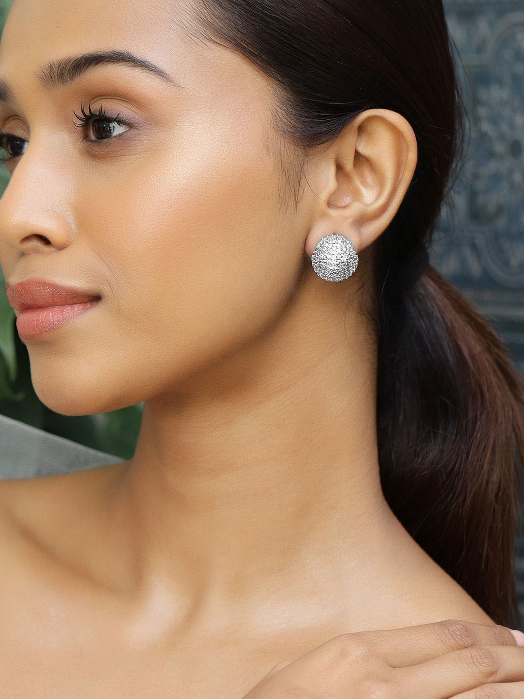 

Rubans Rhodium Plated Fully Cubic Zirconia Studded Dome Shaped Statement Stud Earrings, Silver