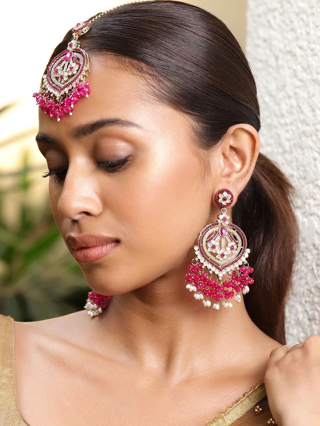 

Rubans 18K Gold Plated Ruby Pink Kundan Studded & Pearl Beaded Chandbali with Maang Tikka