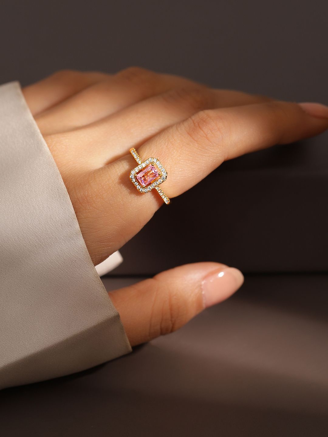

Rubans 18K Gold Plated Pink Emerald Cut Cubic Zirconia Studded Adjustable Ring