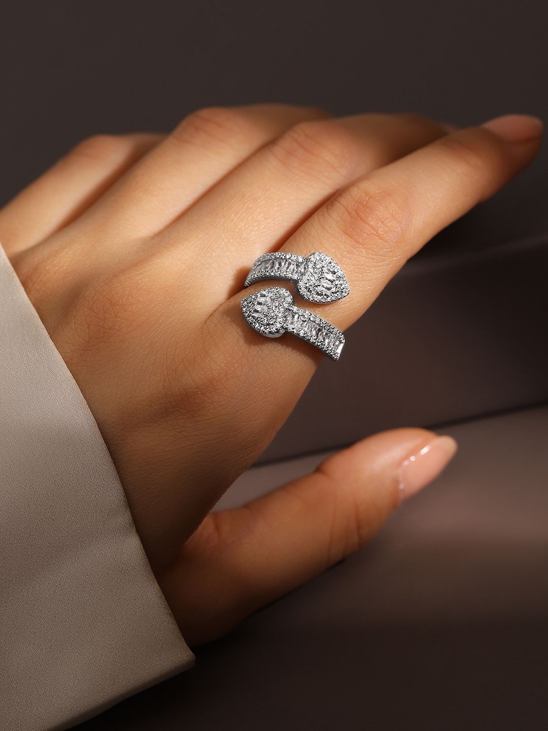 

Rubans Rhodium Plated Cubic Zirconia Studded Double Buckle Design Adjustable Ring, Silver