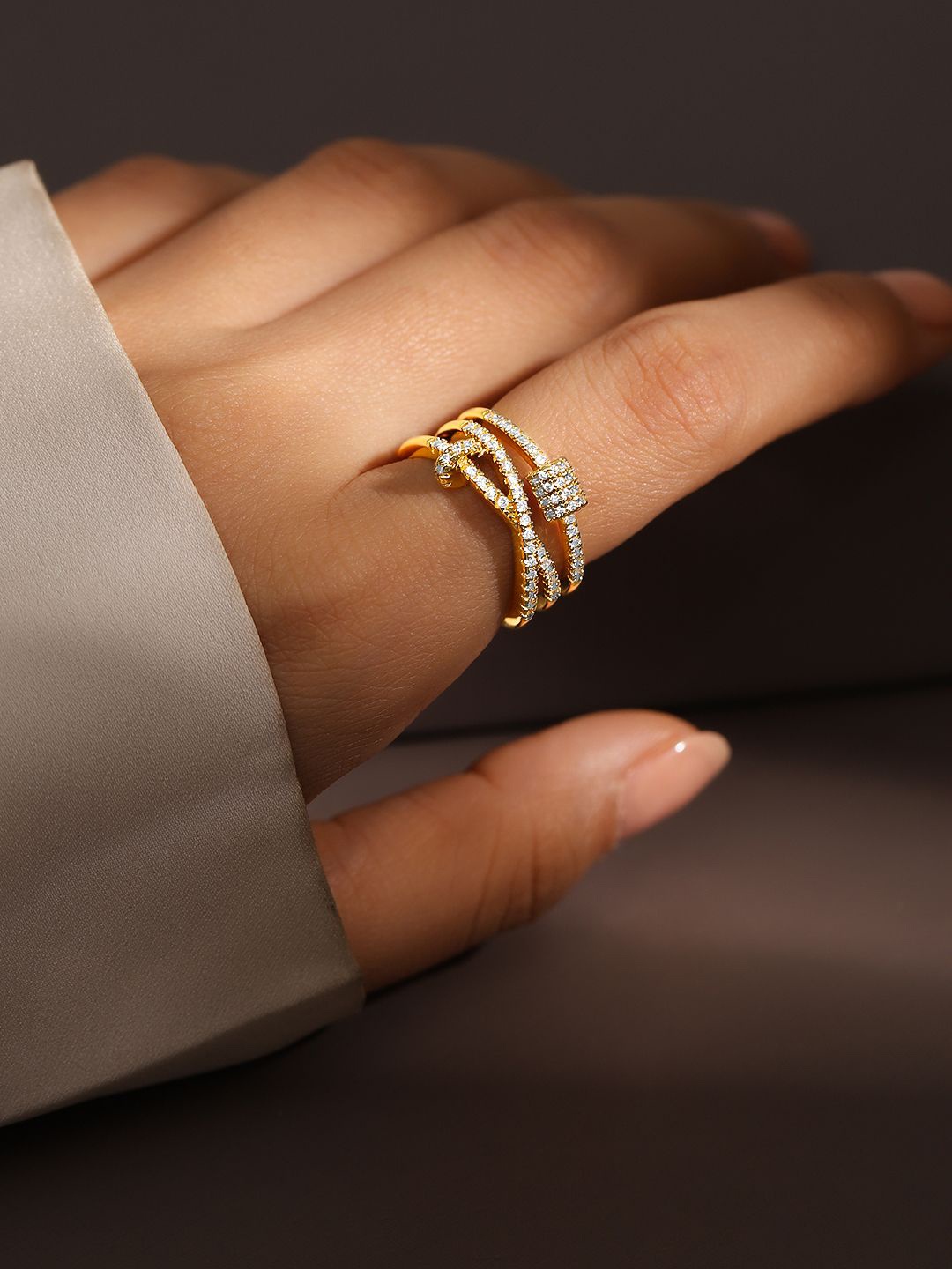 

Rubans 18K Gold Plated Cubic Zirconia Studded Adjustable Knot Motif Ring