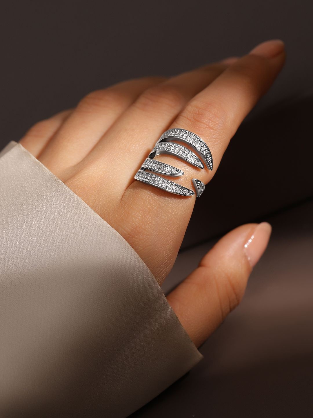 

Rubans Rhodium Plated Cubic Zirconia Studded Adjustable Statement Ring, Silver