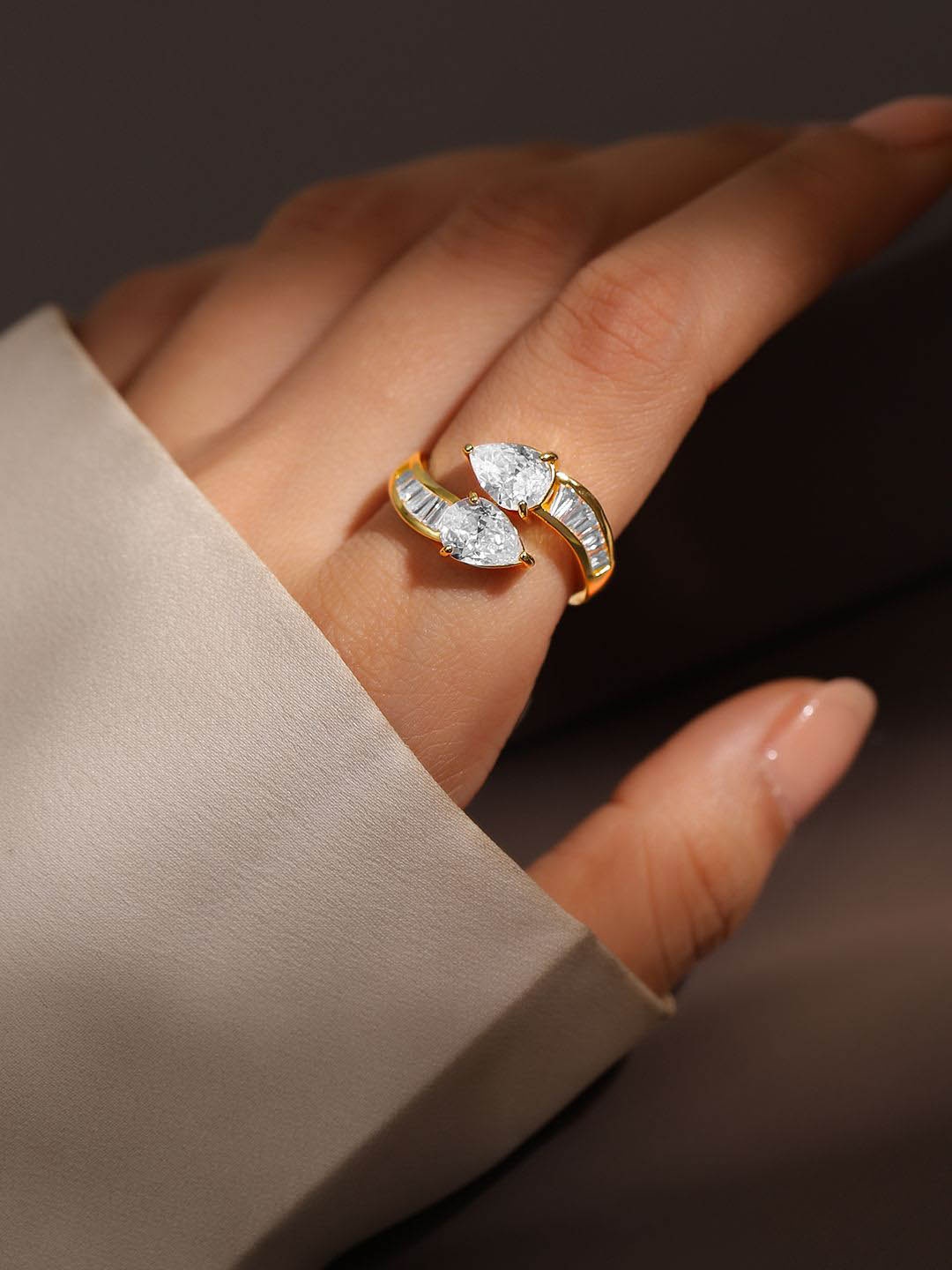

Rubans 18K Gold Plated Pear Cut Cubic Zirconia Studded Openable Adjustable Ring