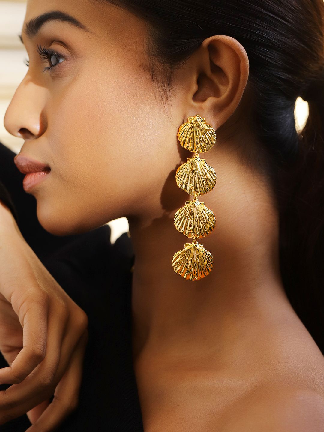 

Rubans Voguish 22K Gold Plated Bold Shell Motif Statement Drop Earrings