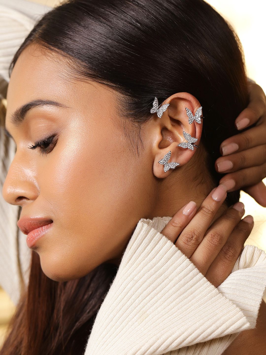 

Rubans Voguish Rhodium Plated Cubic Zirconia Studded Butterfly Design Statement Ear Cuff, Silver