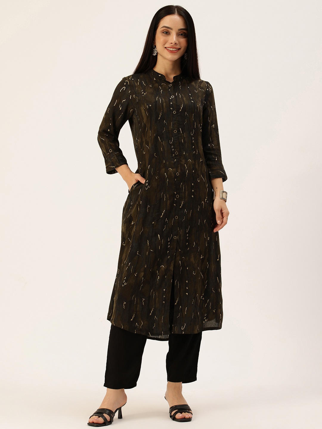 

AMUKTI Printed Mandarin Collar Kurta, Black