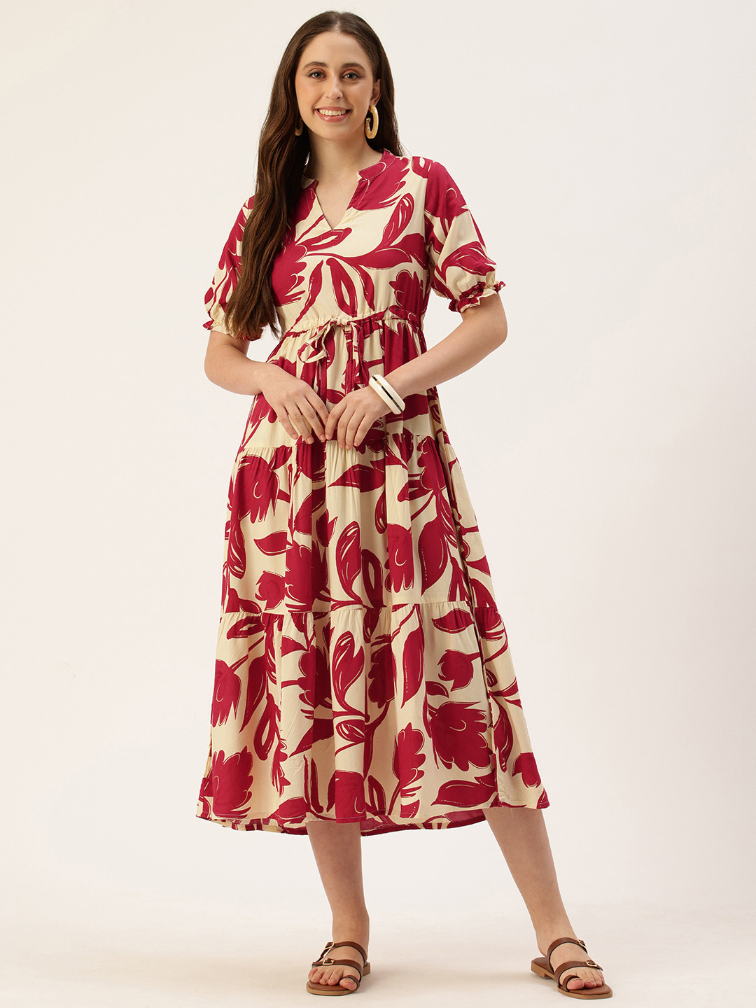 

AMUKTI Floral Printed Fit & Flare Midi Ethnic Dress, Red
