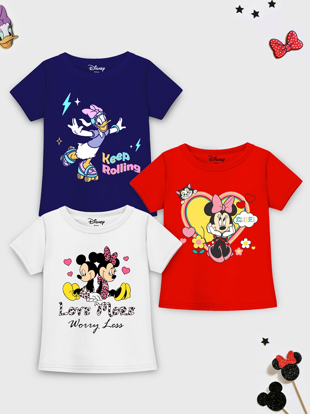 

Disney By Miss and Chief Girls Pack Of 3 Minnie & Daisy Graphic Printed Cotton T-shirts, White