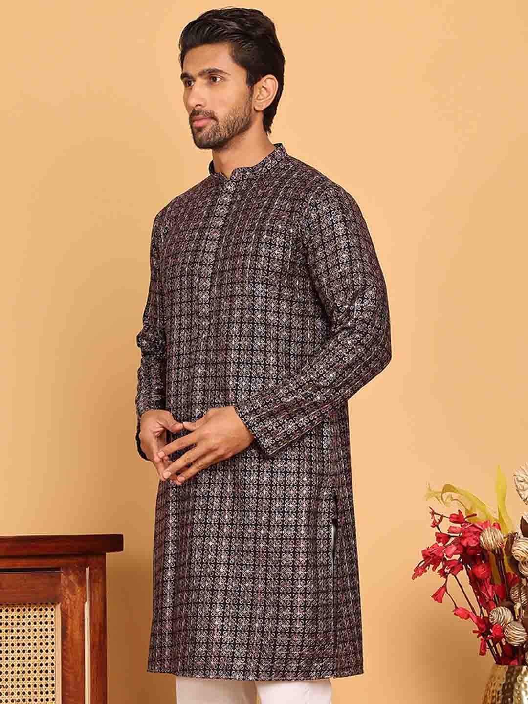 

Jompers Floral Embroidered Mandarin Collar Thread Work Straight Kurtas, Black
