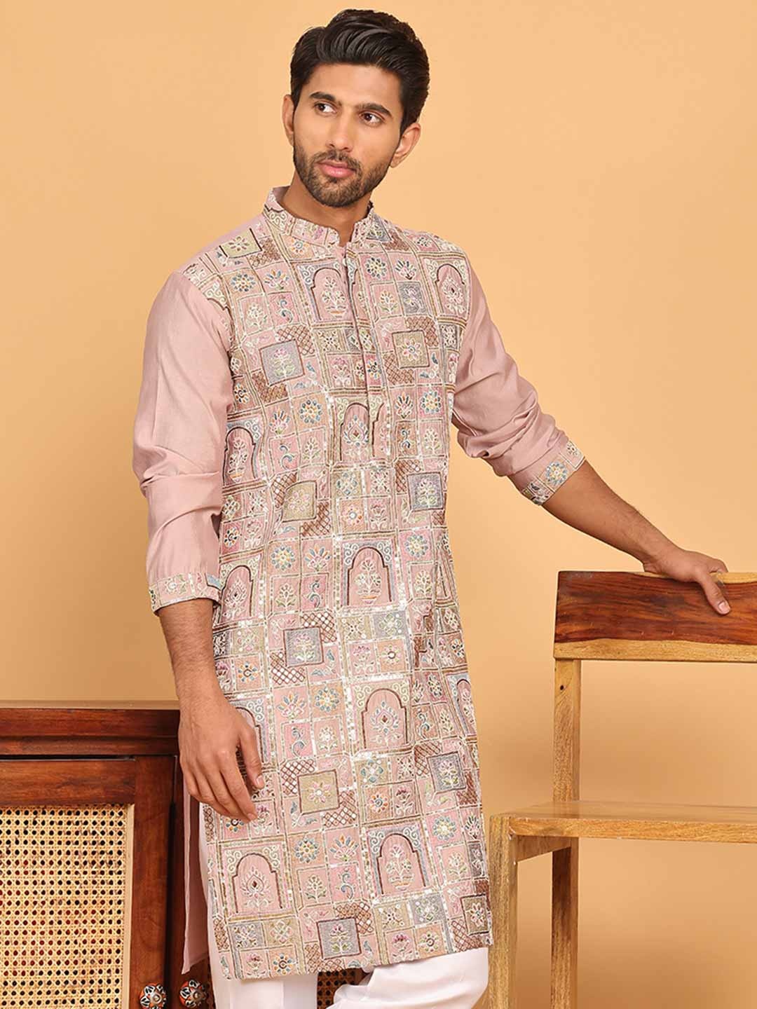 Jompers Ethnic Motifs Embroidered Mandarin Collar Thread Work Straight Kurtas, Peach