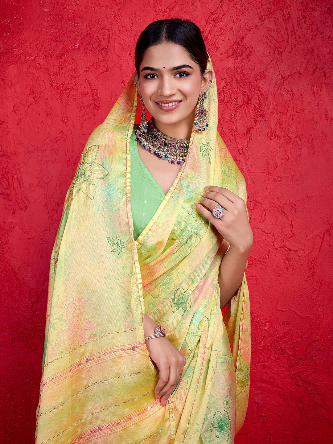 

all about you Woven Design Pure Chiffon Saree, Yellow