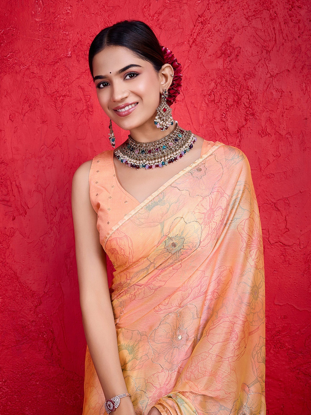 

all about you Embellished Aari Work Pure Chiffon Saree, Peach