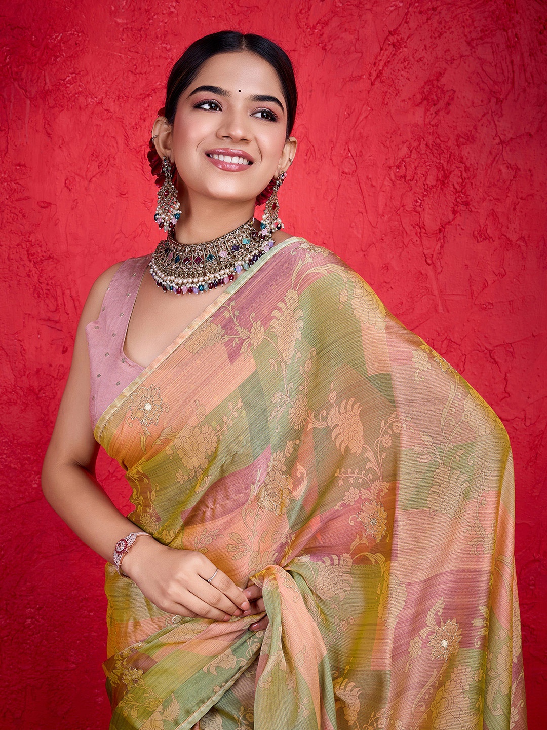 

all about you Floral Printed Pure Chiffon Saree With Viscose Blouse, Green