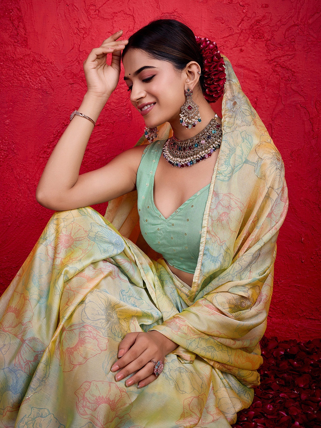 

all about you Floral Aari Work Pure Chiffon Designer Saree, Yellow