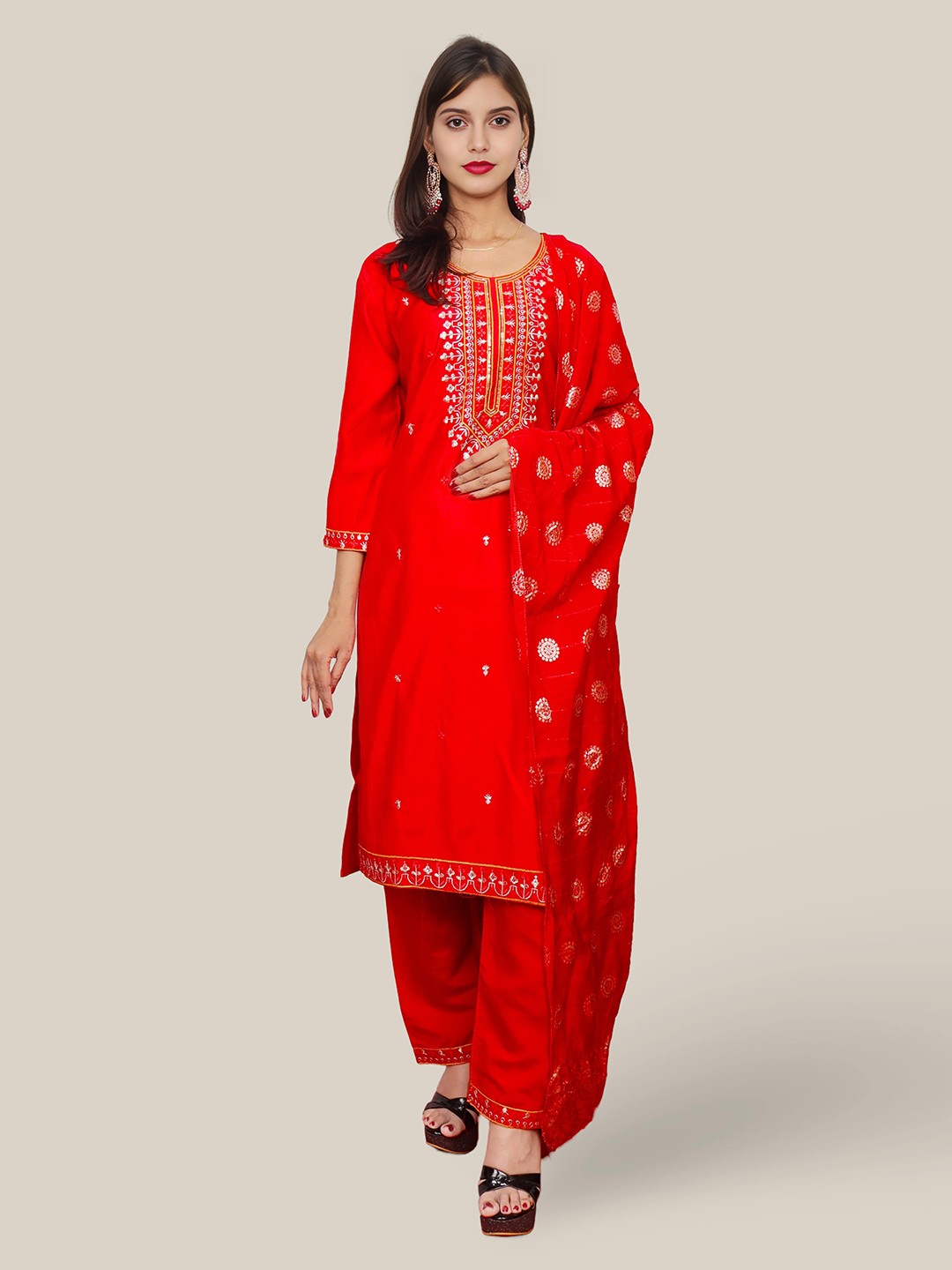 

Shreekama Floral Embroidered Kurta With Trouser And Dupatta, Red