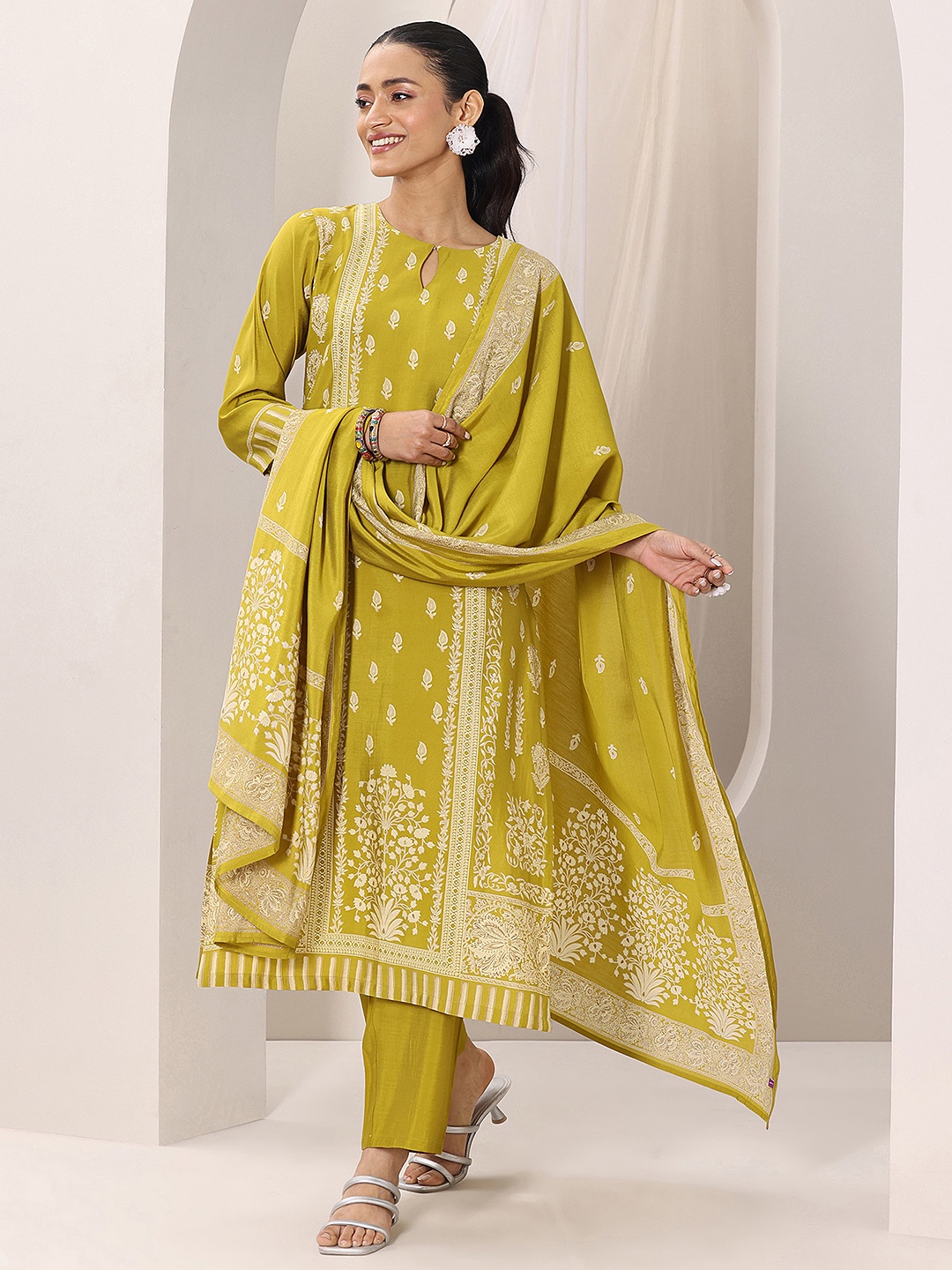 

Libas Mustard Yellow Floral Printed Keyhole Neck Straight Kurta With Trousers & Dupatta