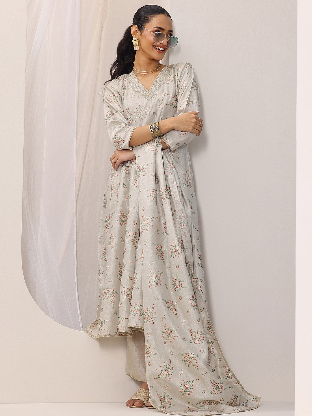 

Libas Grey Floral Printed V-Neck Pleated A-Line Kurta With Trousers & Dupatta