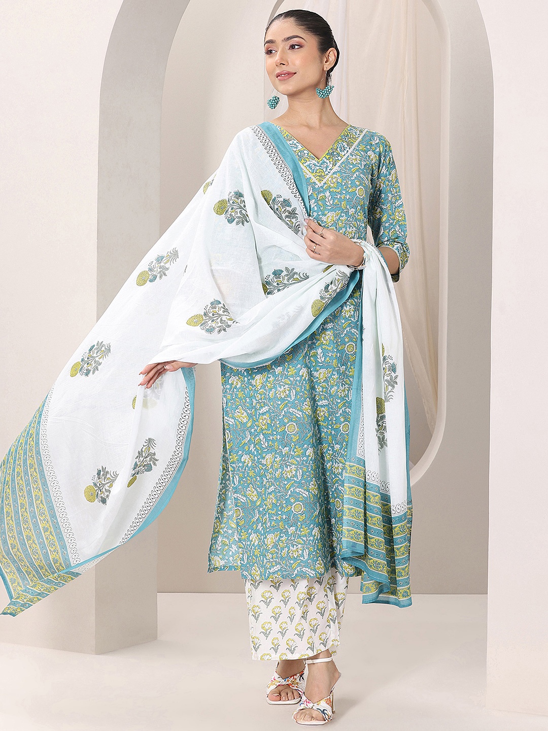 

Libas Teal Blue Floral Printed V-Neck Gotta Patti Straight Kurta With Palazzos & Dupatta
