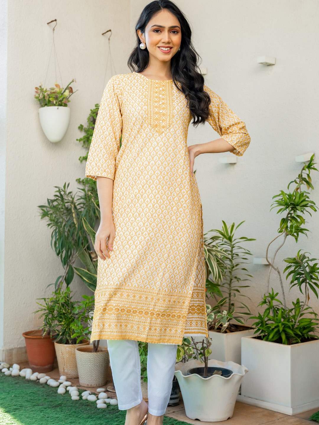 

PRETTY PALLU Floral Embroidered Chikankari Round Neck Straight Kurta, Mustard