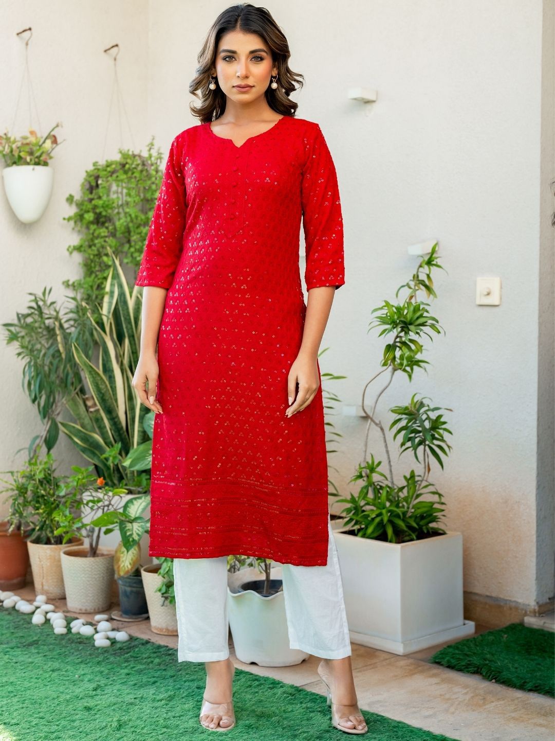 

PRETTY PALLU Floral Embroidered Chikankari Sequinned Notch Neck Straight Kurta, Red