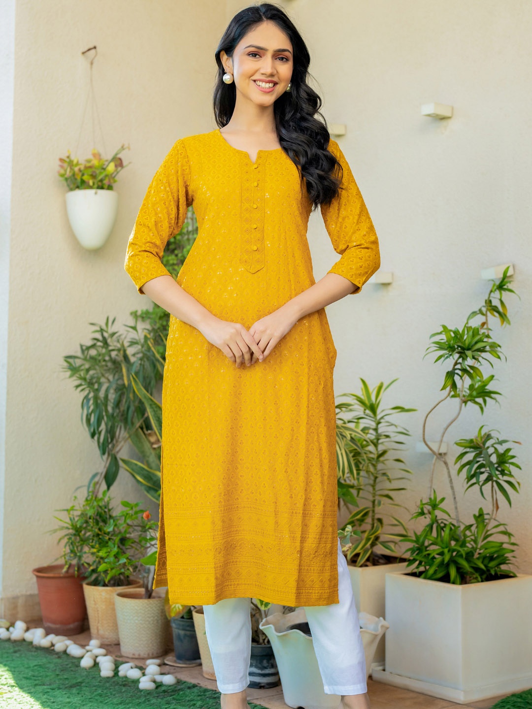 

PRETTY PALLU Floral Embroidered Chikankari Round Neck Straight Kurta, Mustard