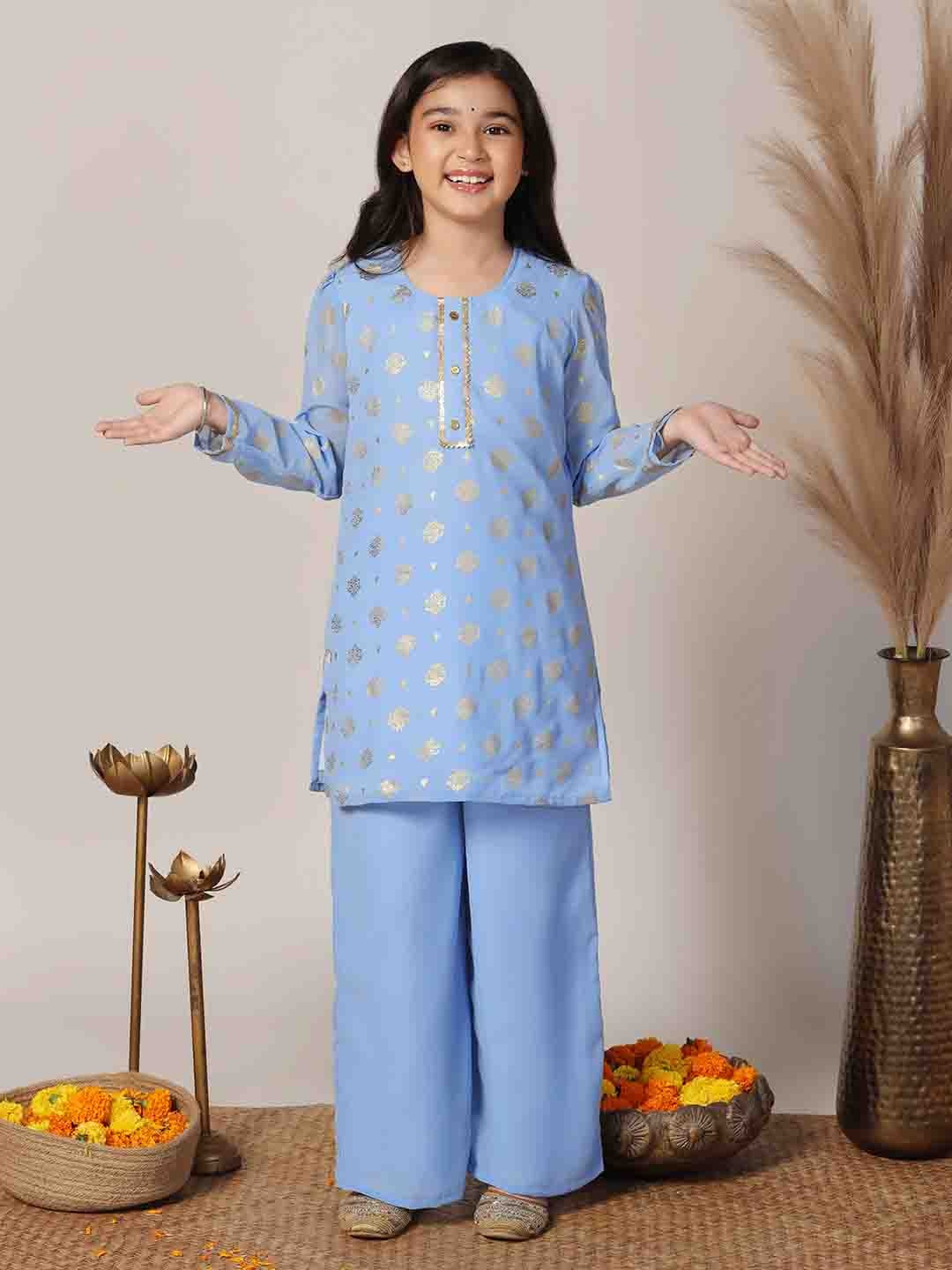 

Sangria Blue Girls Ethnic Motifs Foil Printed Georgette Kurti With Palazzo