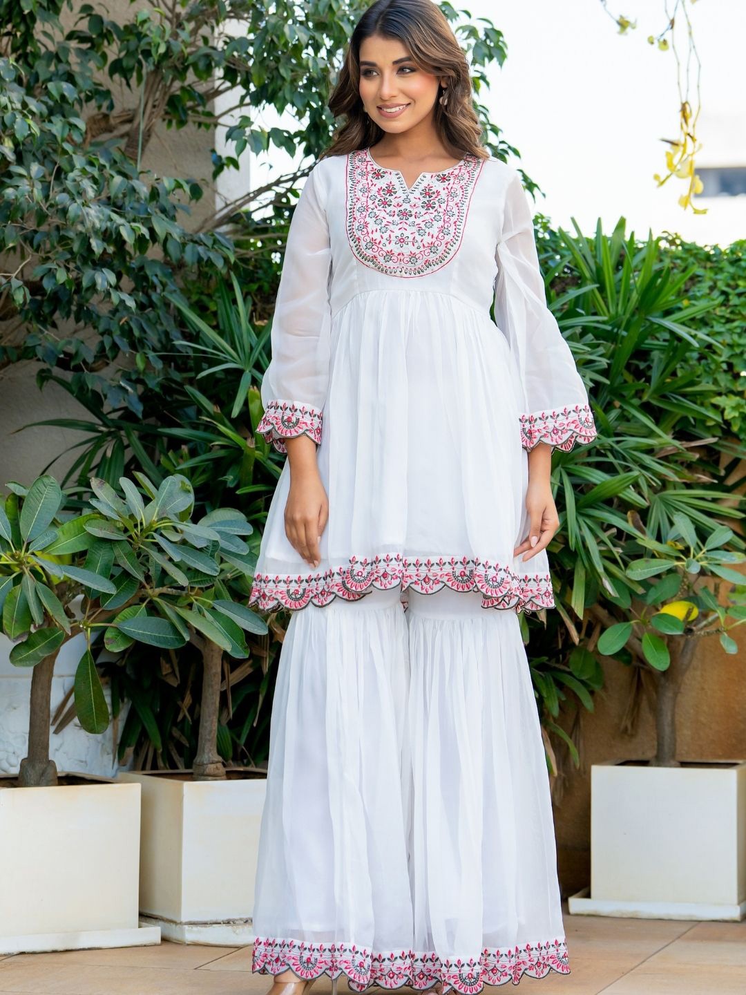 

HOUSE OF JAMOTI Floral Embroidered Panelled A Line Kurta with Sharara & Dupatta, White