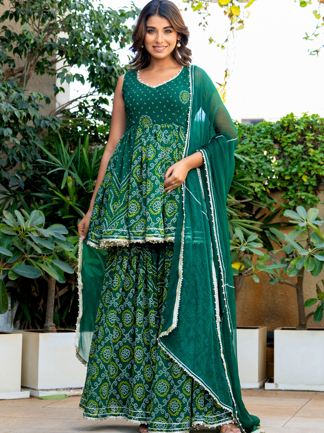 

HOUSE OF JAMOTI Women Bandhani Printed Panelled A Line Kurta with Sharara & Dupatta, Green