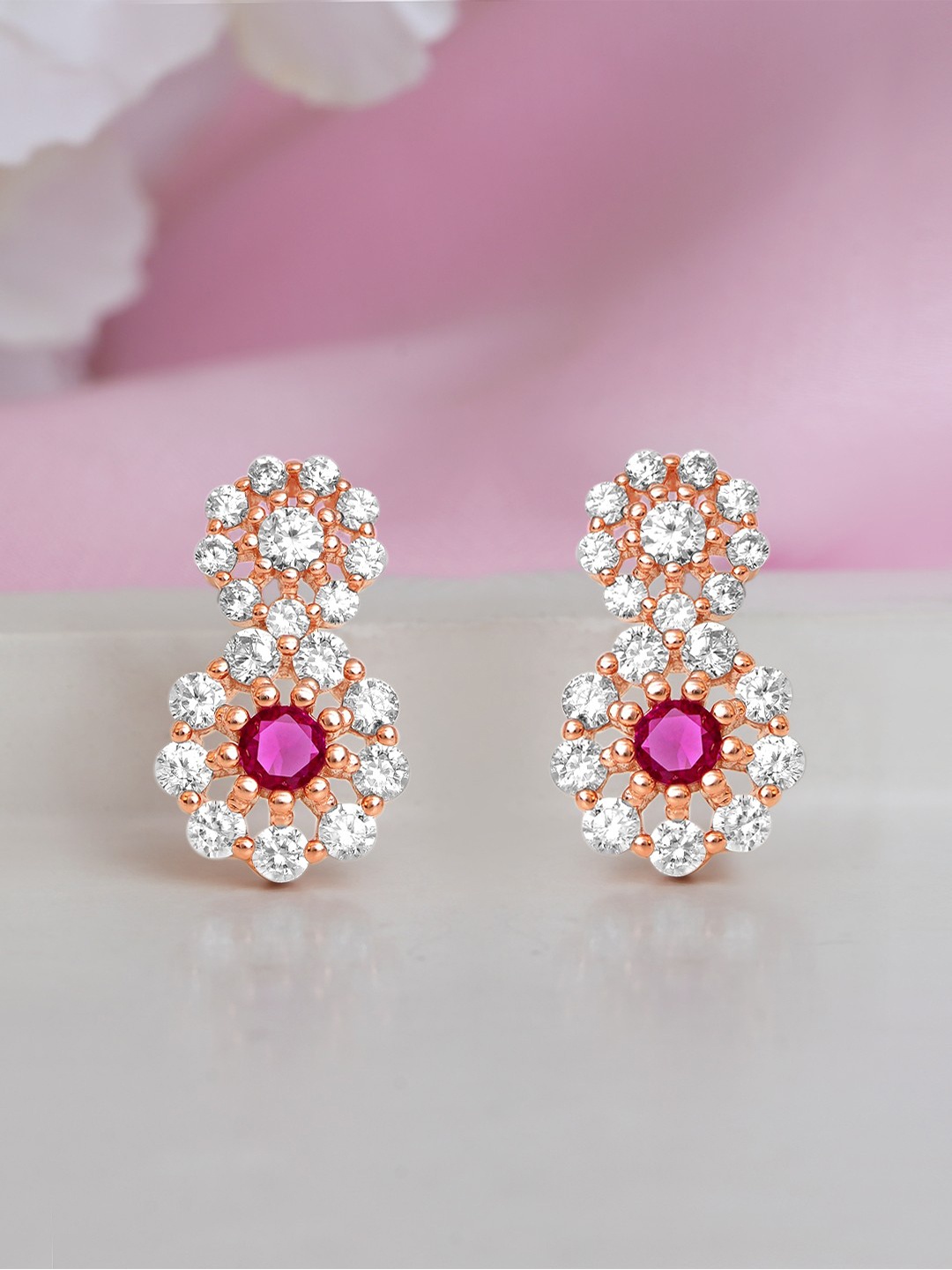 

Zavya 925 Sterling Silver Rose Gold-Plated CZ Studded Contemporary Drop Earrings