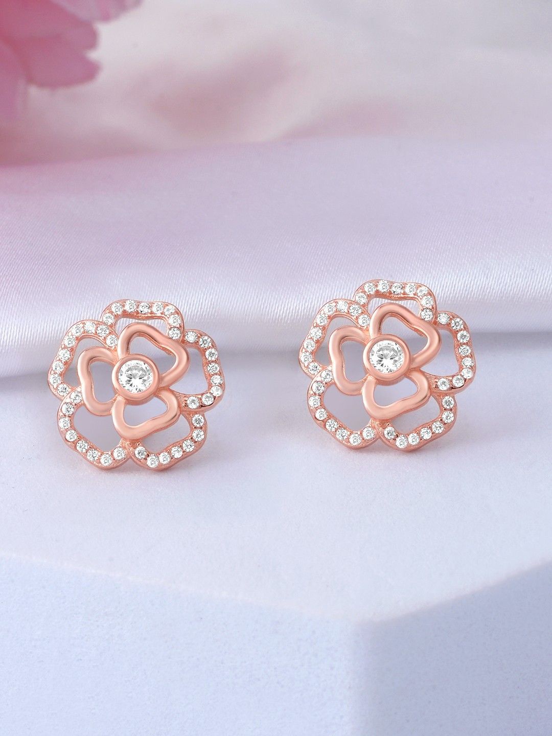 

Zavya 925 Sterling Silver Rose Gold-Plated CZ Studded Contemporary Studs Earrings