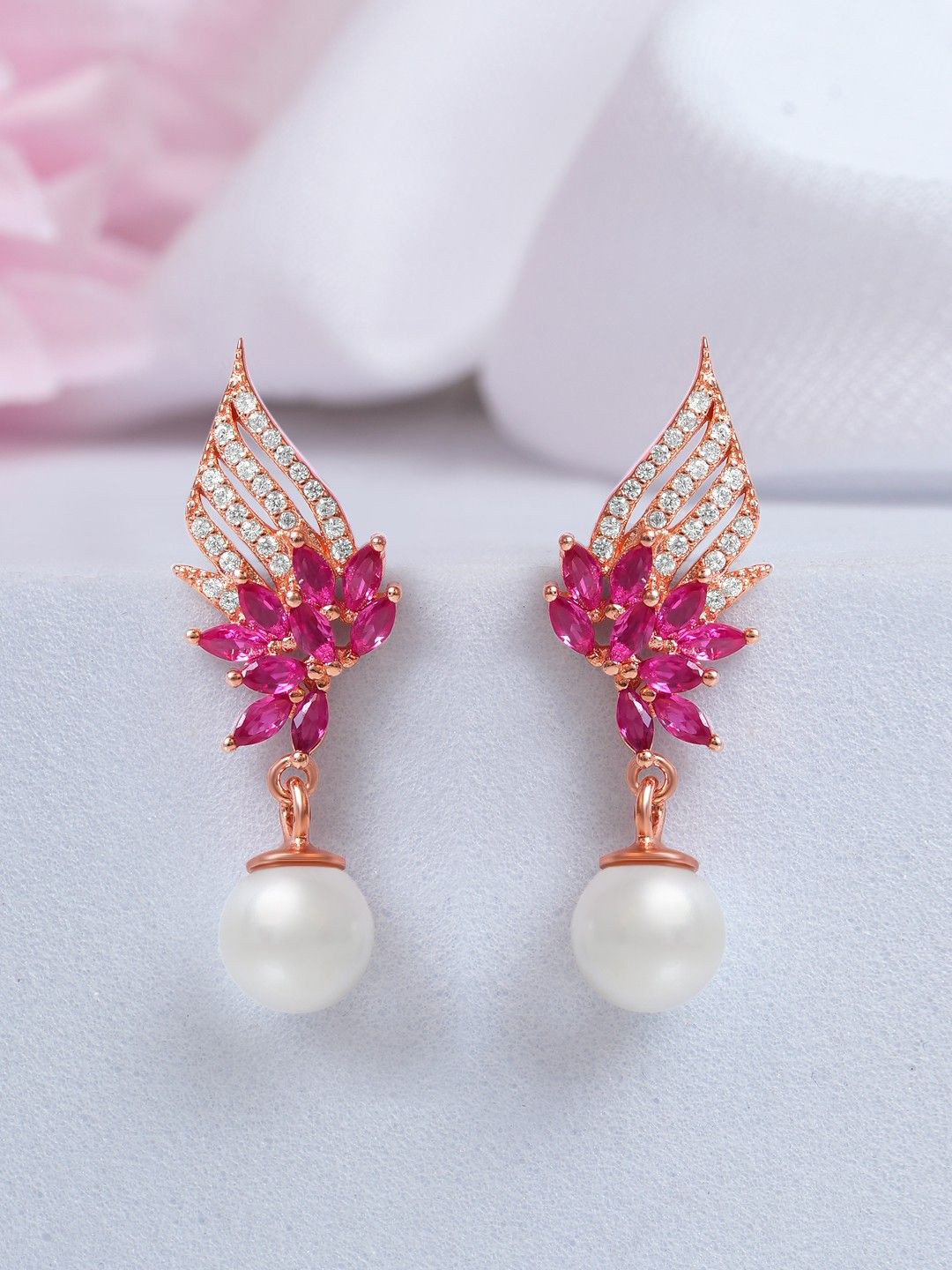 

Zavya 925 Sterling Silver Rose Gold-Plated CZ-Studded & Beaded Contemporary Drop Earrings